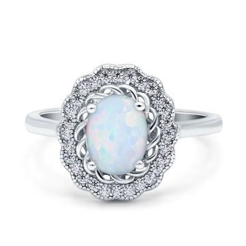 Art Deco Wedding Ring Oval Cut Solid Lab Created White Opal 925 Sterling Silver